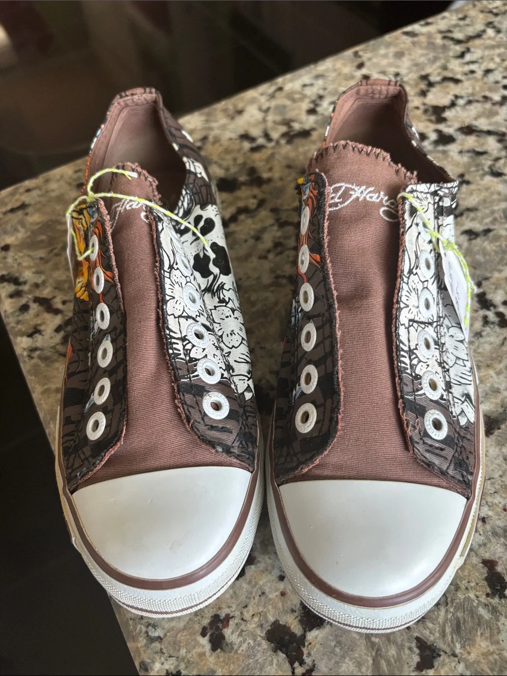 Ed Hardy Brown Slip-On Sneakers with Orange and Blue Skull Art